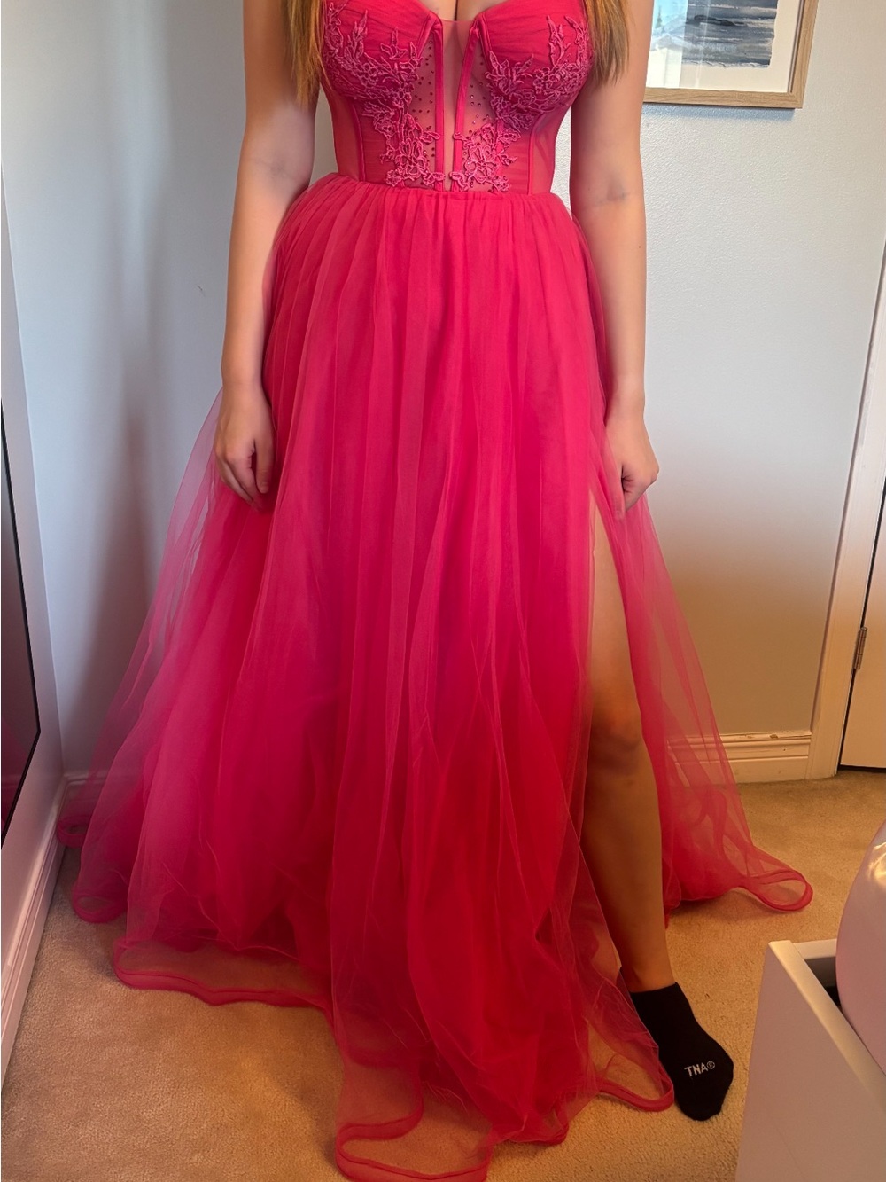Strapless Fuchsia Prom Dress with Sheer Tulle Skirt